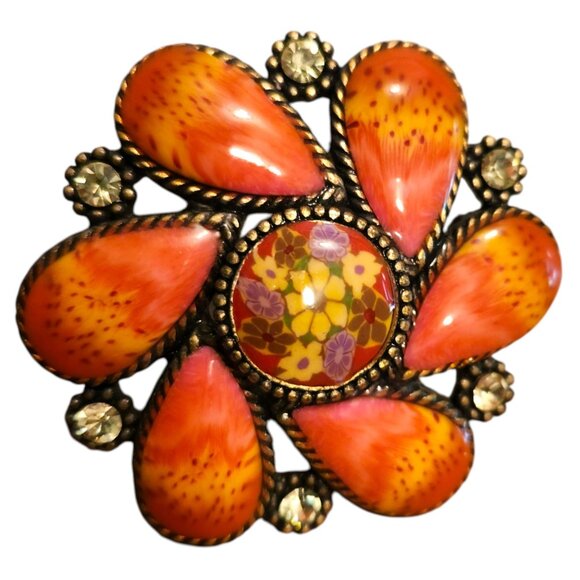 Vintage Floral Statement Brooch Red & Orange Enamel - Picture 7 of 8